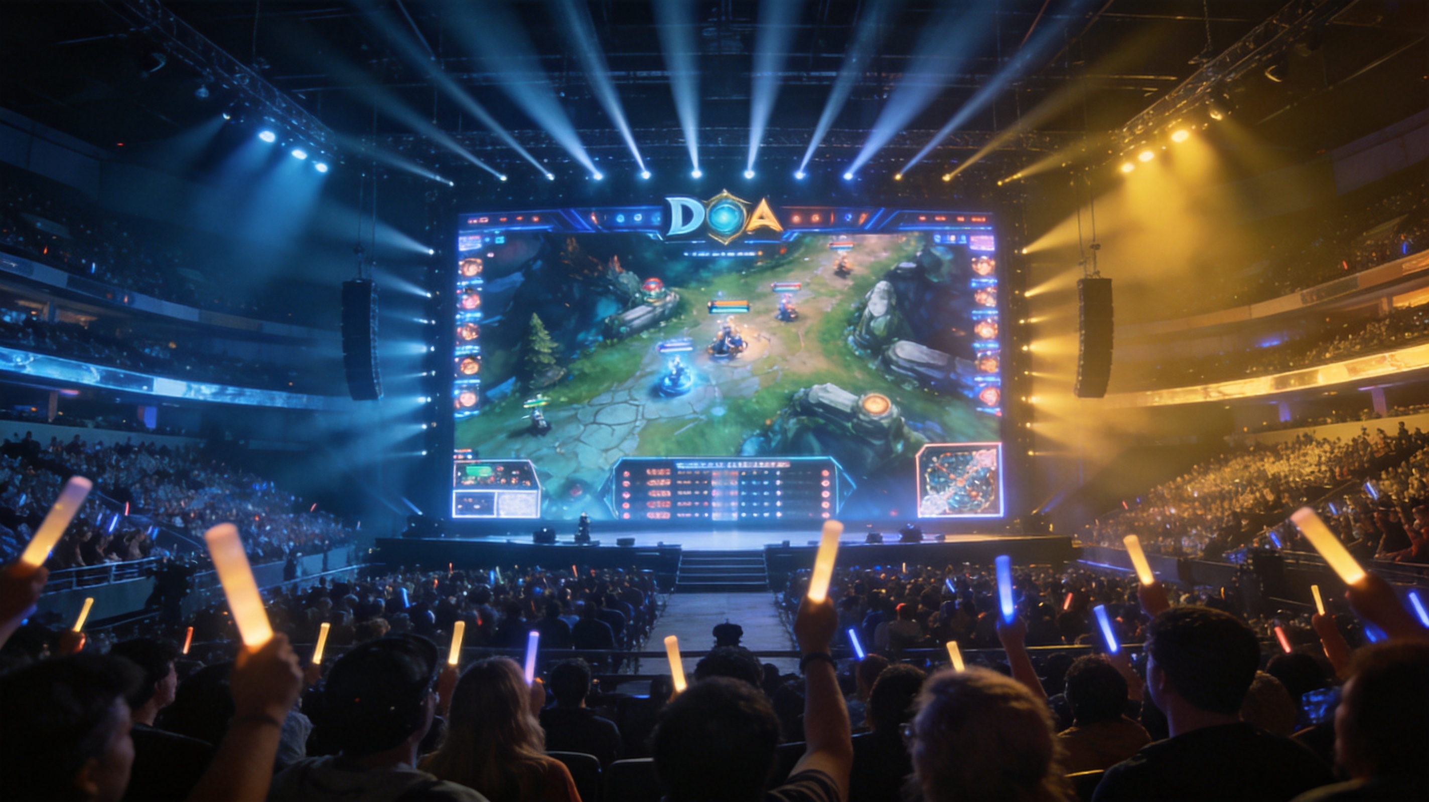 Dota2 电竞赛事现场舞台大屏与观众席整体氛围