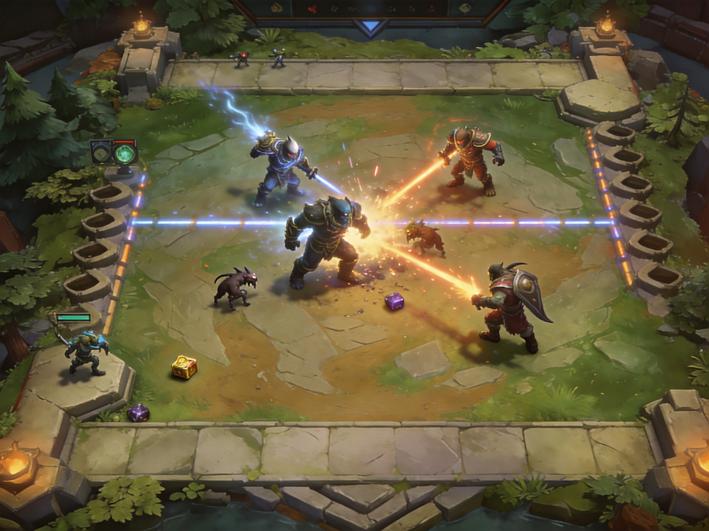 Dota2 对局中双方英雄在兵线与野区交战的对战画面